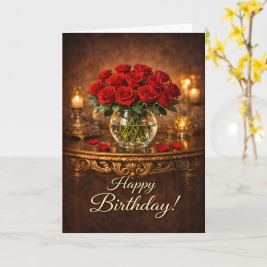 Happy Birthday Red Rose Candlelight Kaart (Gele Bloem)