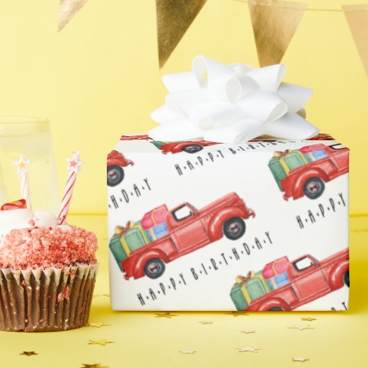 Happy Birthday Red Truck en Gifts Wrapping Paper Cadeaupapier (Verjaardagsfeest)