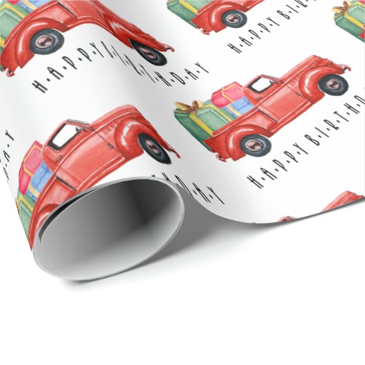 Happy Birthday Red Truck en Gifts Wrapping Paper Cadeaupapier (Rol Hoek)