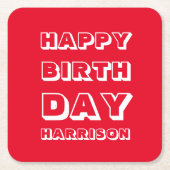 Happy Birthday red white douanenaam modern Kartonnen Onderzetters (Voorkant)