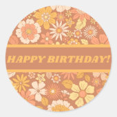 Happy Birthday Retro  bloemenpatroon Ronde Sticker (Voorkant)