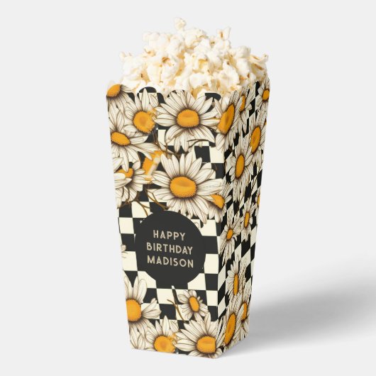 Happy Birthday Retro Groovy Daisy Checkerboard Bedankdoosjes (Popped)