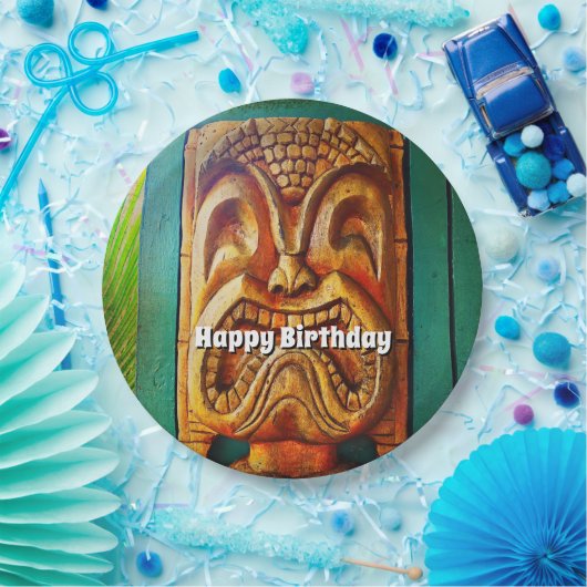 Happy birthday  retro hout tiki gezicht cool papieren bordje (Feest)