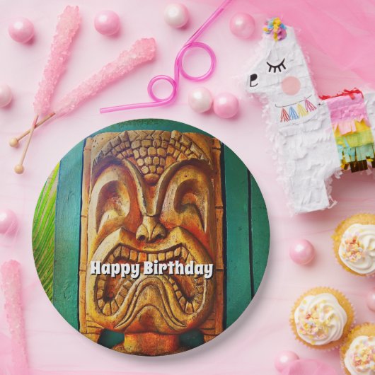 Happy birthday retro hout tiki gezicht cool papieren bordje (Feest)