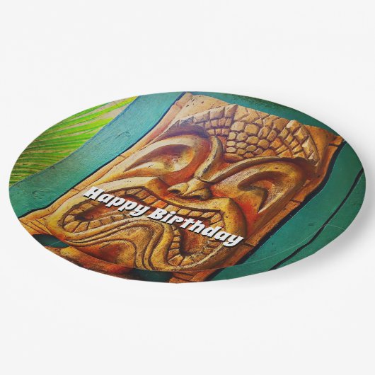 Happy birthday  retro hout tiki gezicht cool papieren bordje (Gekanteld)
