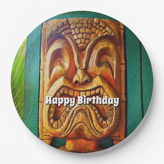 Happy birthday  retro hout tiki gezicht cool papieren bordje (Voorkant)