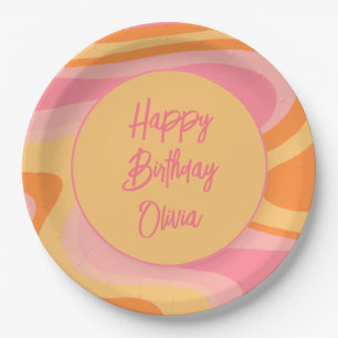 Happy Birthday Retro Vibe Abstract Swirl 60s 70s Papieren Bordje