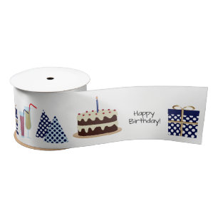 Happy Birthday Ribbon - in marinblauw, 3'' Satijnen Lint
