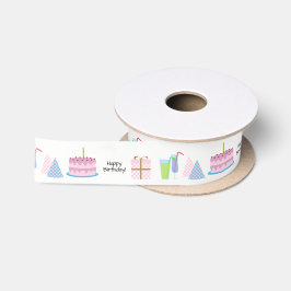 Happy Birthday Ribbon - in roze en blauw, 1.5'' Satijnen Lint