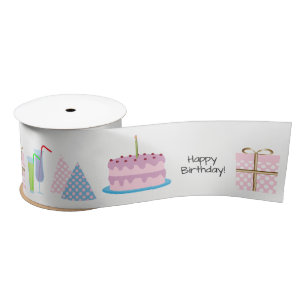 Happy Birthday Ribbon - in roze en blauw, 3'' Satijnen Lint
