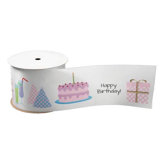 Happy Birthday Ribbon - in roze en blauw, 3'' Satijnen Lint (Spoel)
