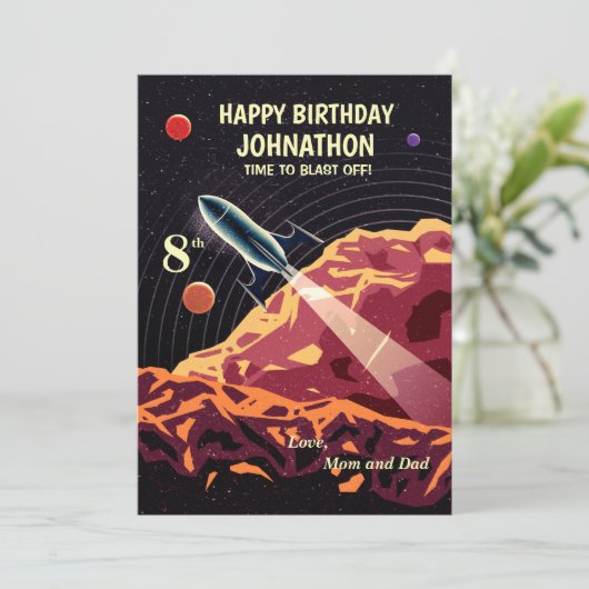 Happy Birthday Rocket Astronaut Kinder Custom Kaar (Staand voorkant)