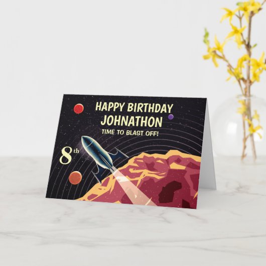 Happy Birthday Rocket Space Universe Personalisere Kaart (Gele Bloem)