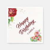 Happy Birthday Rood Goud  Bloemen Roos Custom Servet (Voorkant)