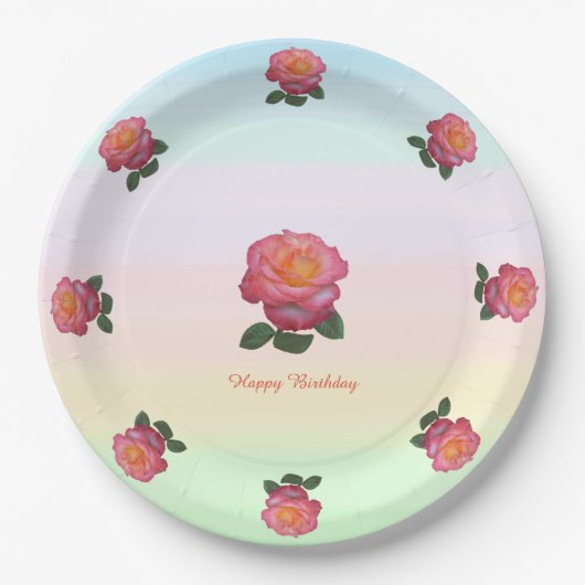 Happy Birthday Roos Flowers Papieren Bordje (Voorkant)