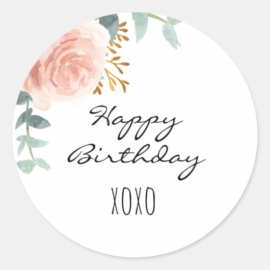 Happy Birthday roos goud roze florale eucalyptus Ronde Sticker (Voorkant)