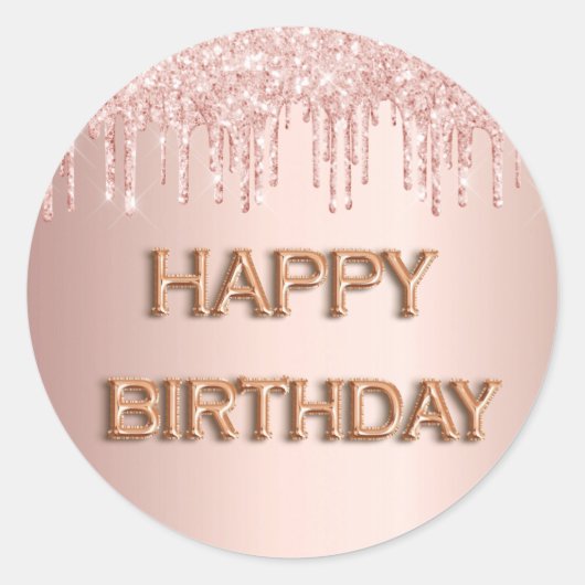 Happy Birthday roos goudroze glitterdruppels Ronde Sticker (Voorkant)