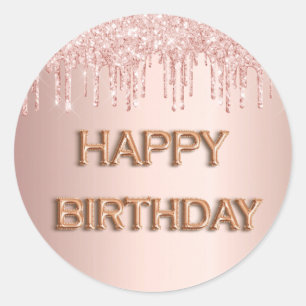 Happy Birthday roos goudroze glitterdruppels Ronde Sticker