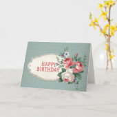 Happy Birthday  Roos Roze Blauw Dot Flower Kaart (Gele Bloem)