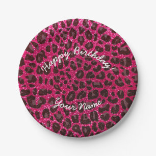 Happy Birthday roos roze glitter leopard Papieren Bordje
