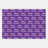 Happy Birthday Royal Paarse en witte naampatroon Inpakpapier Vel (Voorkant 2)