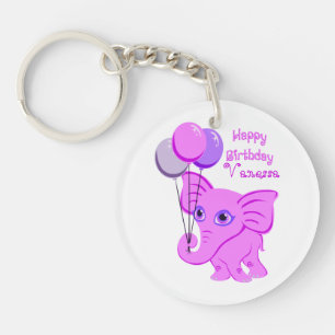 Happy Birthday roze Baby Elephant Aangepaste naam Sleutelhanger