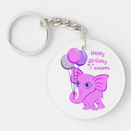 Happy Birthday roze Baby Elephant Aangepaste naam Sleutelhanger (Voorkant)