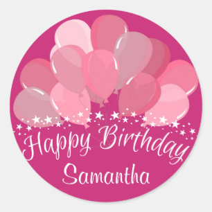 Happy Birthday roze ballonnen en witte sterren Ronde Sticker