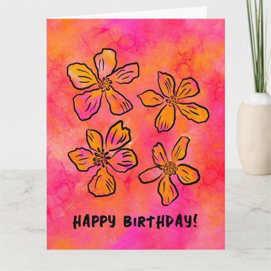 Happy Birthday Roze Bloemen Pop Art Kaart (Voorkant)