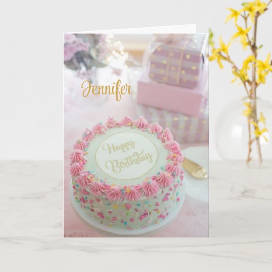 Happy Birthday roze Cake personaliseer Wenskaart Kaart (Gele Bloem)