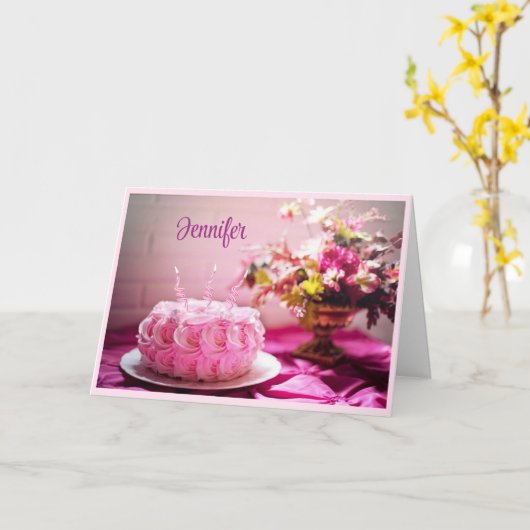 Happy Birthday roze Cake personaliseer Wenskaart Kaart (Gele Bloem)