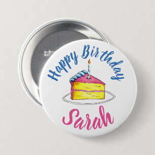 Happy Birthday roze Cake Slice Candle Party Favor Ronde Button 7,6 Cm