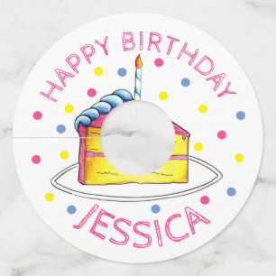 Happy Birthday roze Cake Slice Candle Party Wijnglaslabel