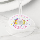 Happy Birthday roze Cake Slice Candle Party Wijnglaslabel (Dichtbij)