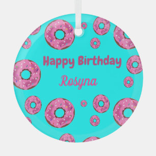 Happy Birthday roze crème donuts blauw Glas Ornament