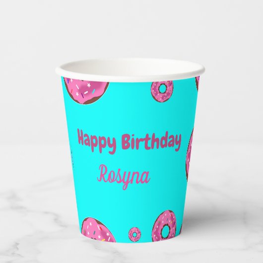 Happy Birthday roze crème donuts blauw Papieren Bekers (Voorkant)