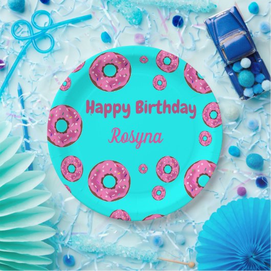 Happy Birthday roze crème donuts blauw Papieren Bordje (Feest)