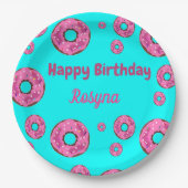 Happy Birthday roze crème donuts blauw Papieren Bordje (Voorkant)