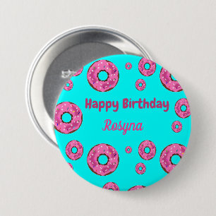 Happy Birthday roze crème donuts blauw Ronde Button 7,6 Cm
