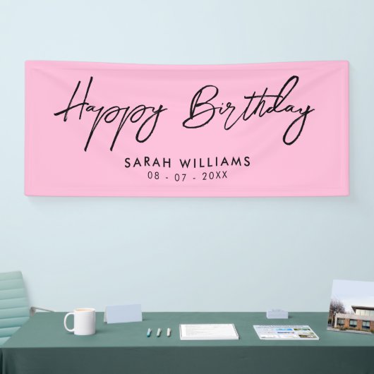 Happy Birthday roze en Black Modern Script Spandoek (Beurs)