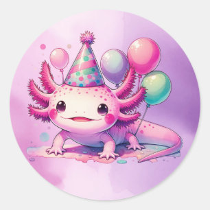 Happy Birthday Roze en Paarse Axolotl Ronde Sticker