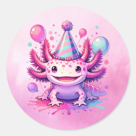 Happy Birthday Roze en Paarse Axolotl Ronde Sticker (Voorkant)
