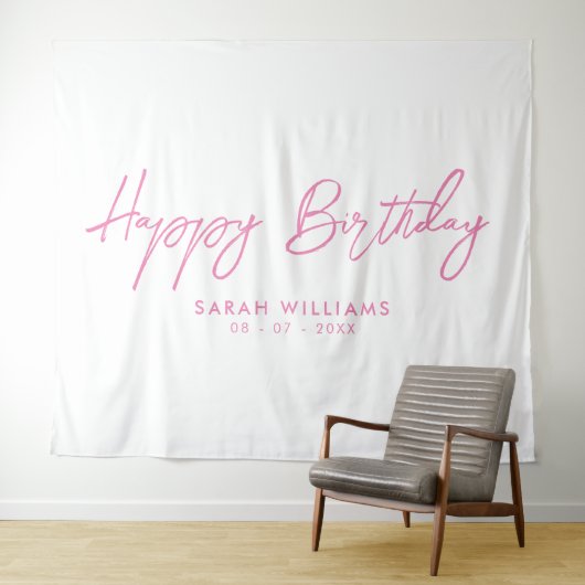 Happy Birthday roze en White Modern Script Wandkleed (In Situ (horizontaal))