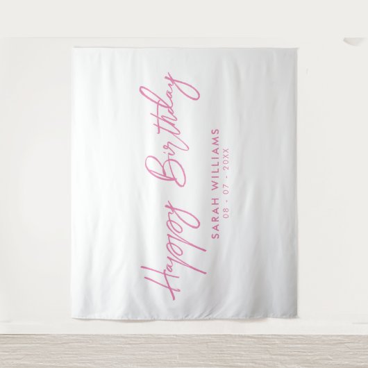 Happy Birthday roze en White Modern Script Wandkleed (Voorkant)