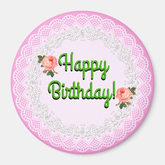 Happy Birthday roze en White Vintage Gift Magnet (Voorkant)