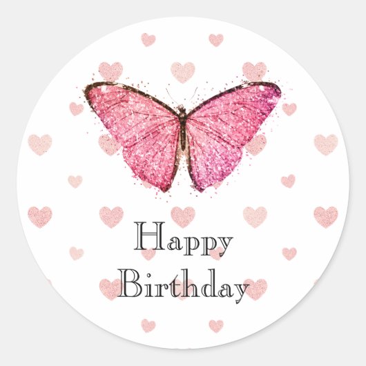 Happy Birthday, roze glitter Butterfly Ronde Sticker (Voorkant)