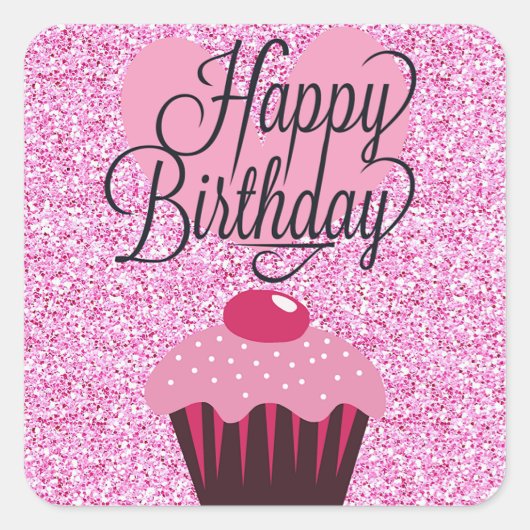 Happy Birthday Roze Glitter Cupcake Stickers (Voorkant)