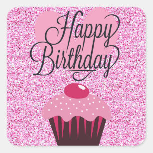 Happy Birthday Roze Glitter Cupcake Stickers