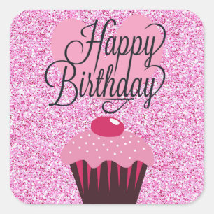 Happy Birthday Roze Glitter Cupcake Stickers