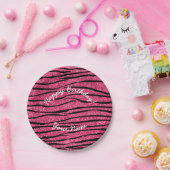 Happy Birthday roze glitter zebrastrepen Papieren Bordje (Feest)